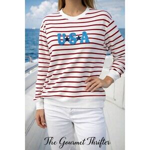 Shiraleah USA Stripe Sweatshirt Small Red White Chenille Patch Patriotic NWOT